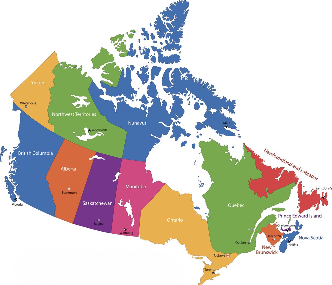 Image des provinces et territoires du pays du Canada, avec les capitales de chaque province.
